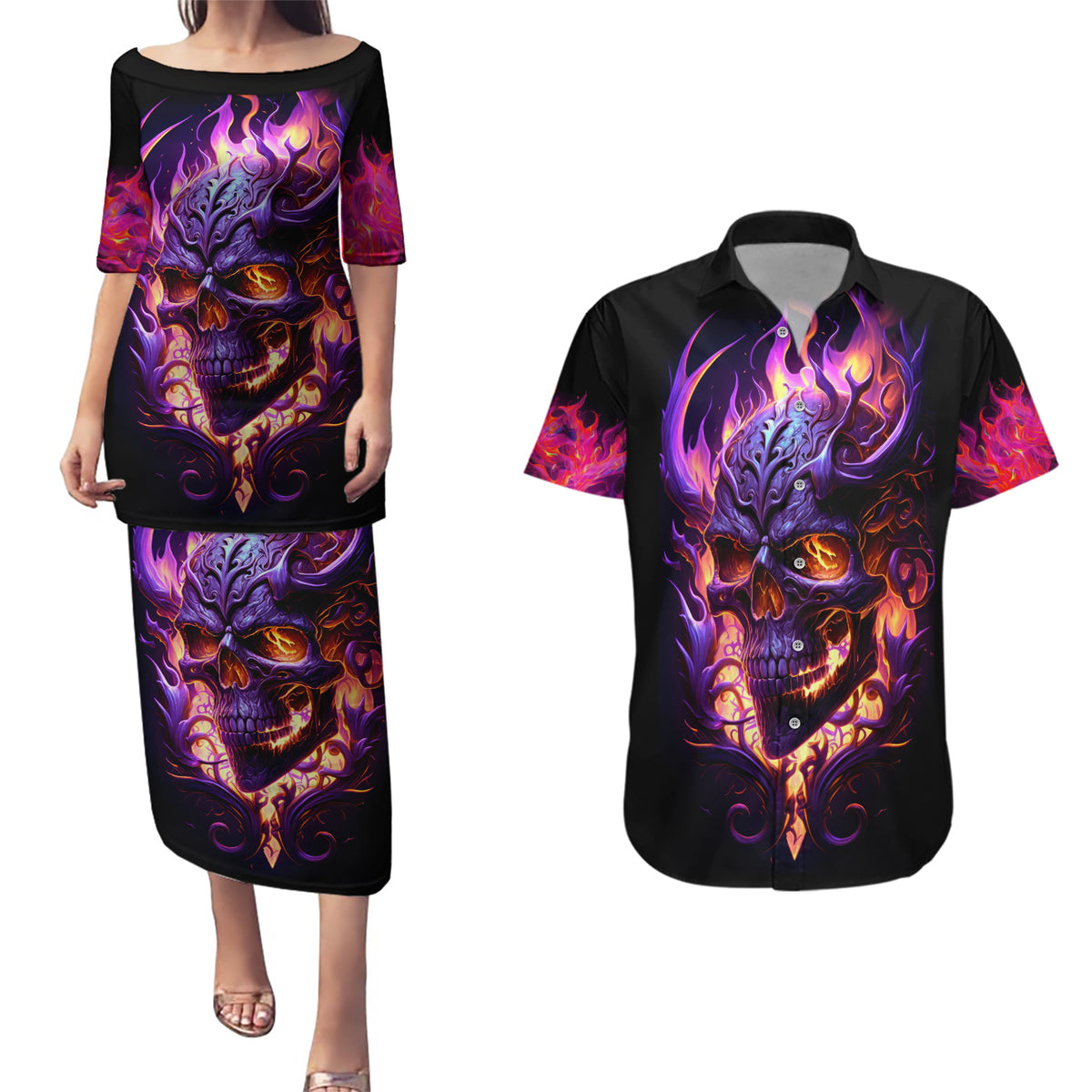 Skull Couples Matching Puletasi Dress and Hawaiian Shirt Purple Skull Fire - Wonder Print Shop