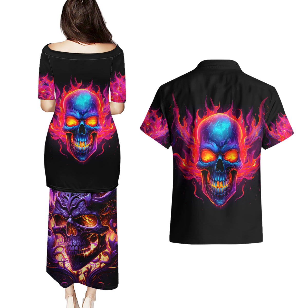 Skull Couples Matching Puletasi Dress and Hawaiian Shirt Purple Skull Fire - Wonder Print Shop