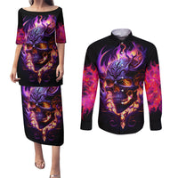 Skull Couples Matching Puletasi Dress and Long Sleeve Button Shirts Purple Skull Fire - Wonder Print Shop