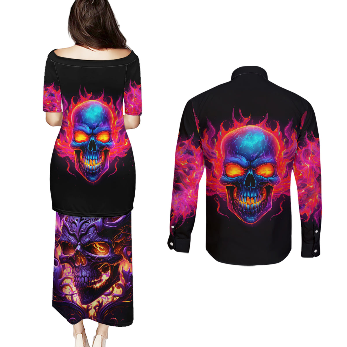 Skull Couples Matching Puletasi Dress and Long Sleeve Button Shirts Purple Skull Fire - Wonder Print Shop