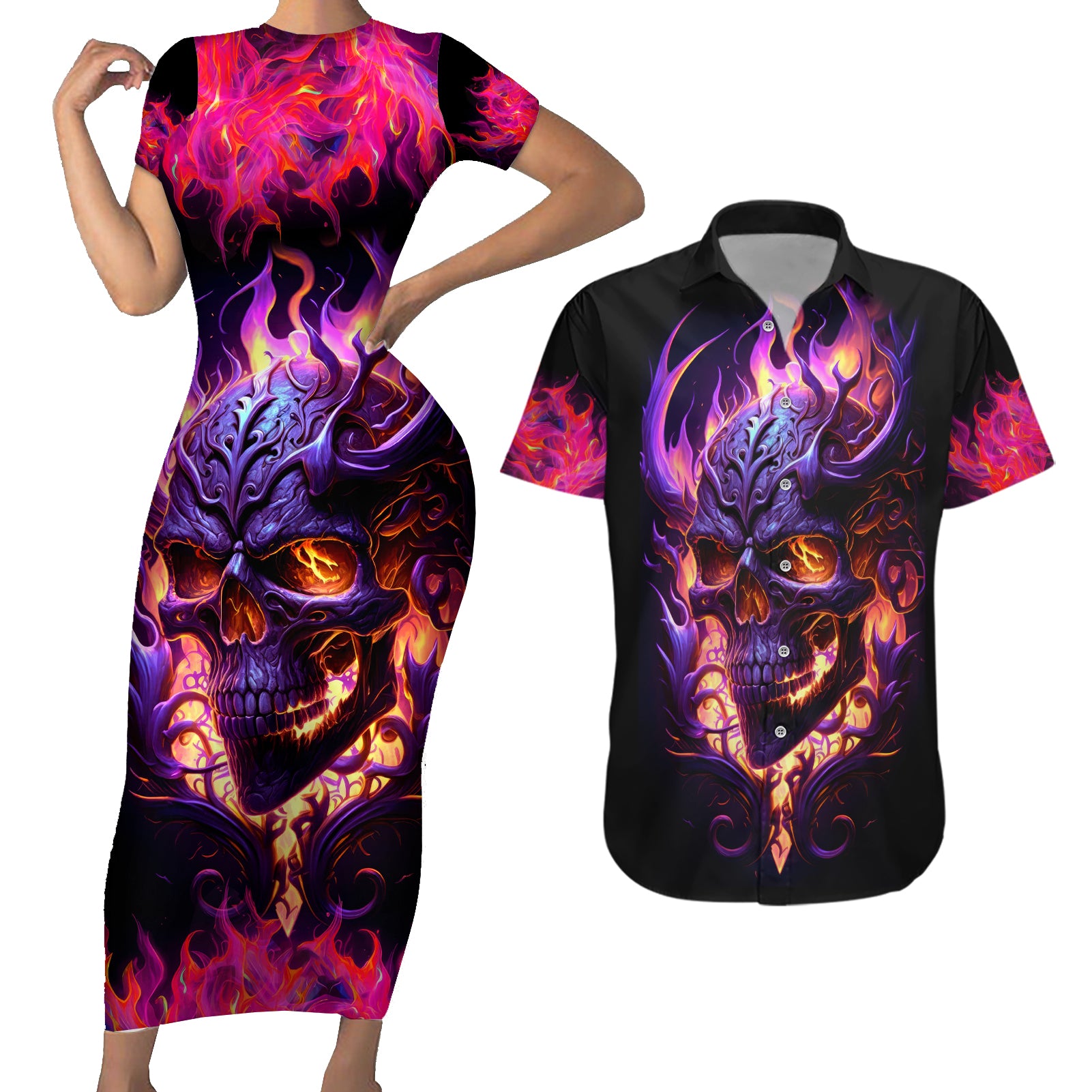 Skull Couples Matching Short Sleeve Bodycon Dress and Hawaiian Shirt Purple Skull Fire - Wonder Print Shop