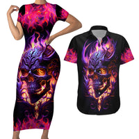 Skull Couples Matching Short Sleeve Bodycon Dress and Hawaiian Shirt Purple Skull Fire - Wonder Print Shop