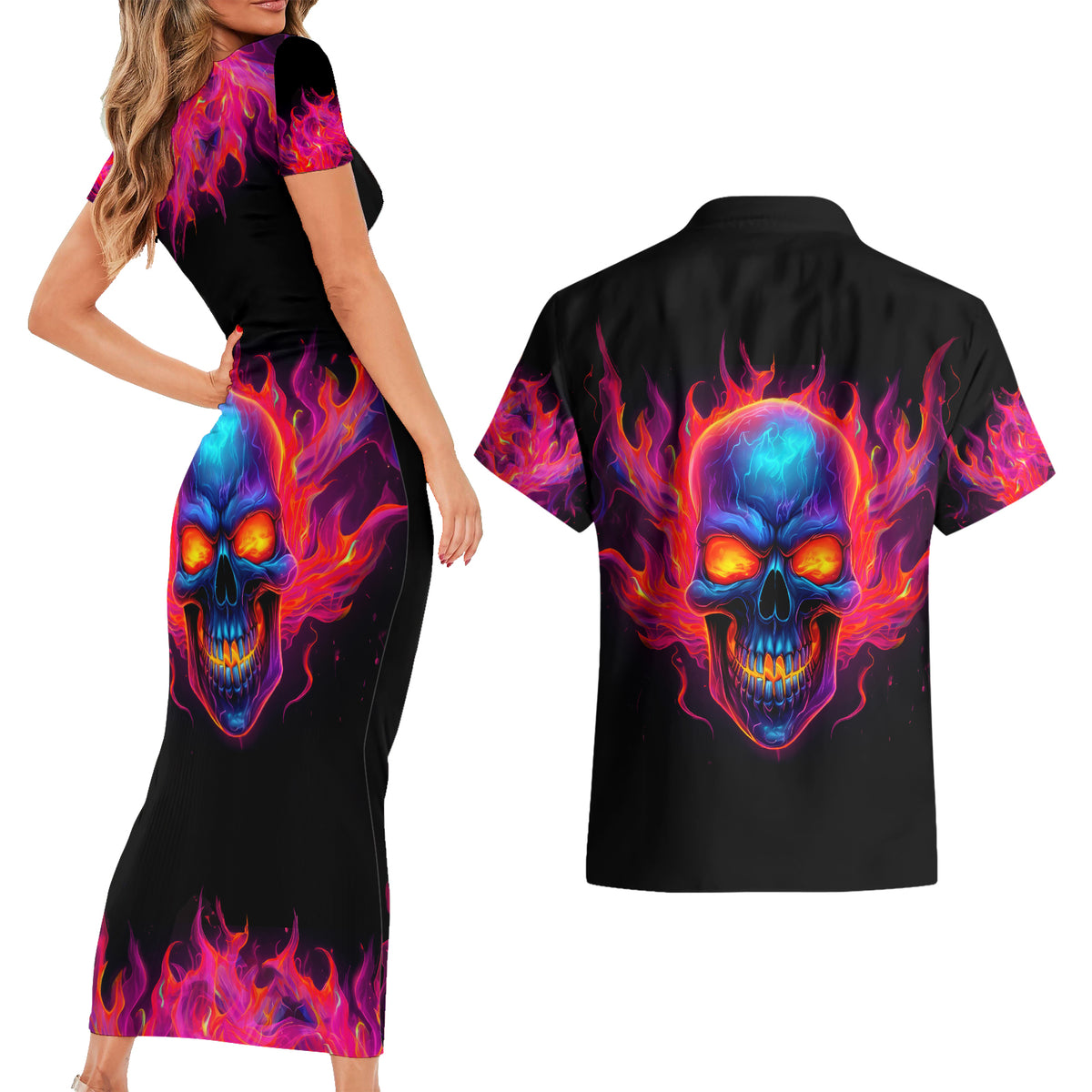 Skull Couples Matching Short Sleeve Bodycon Dress and Hawaiian Shirt Purple Skull Fire - Wonder Print Shop