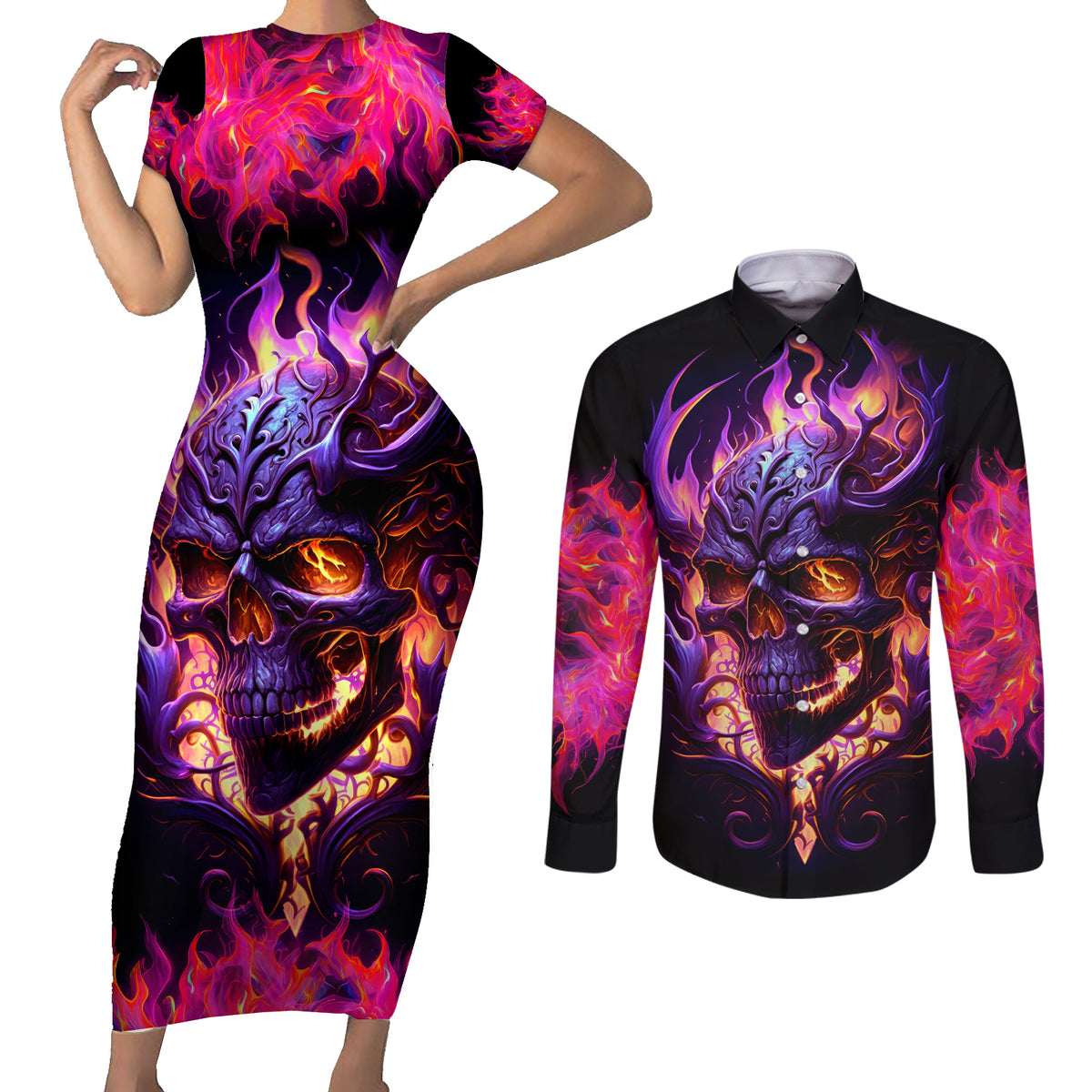 Skull Couples Matching Short Sleeve Bodycon Dress and Long Sleeve Button Shirts Purple Skull Fire - Wonder Print Shop