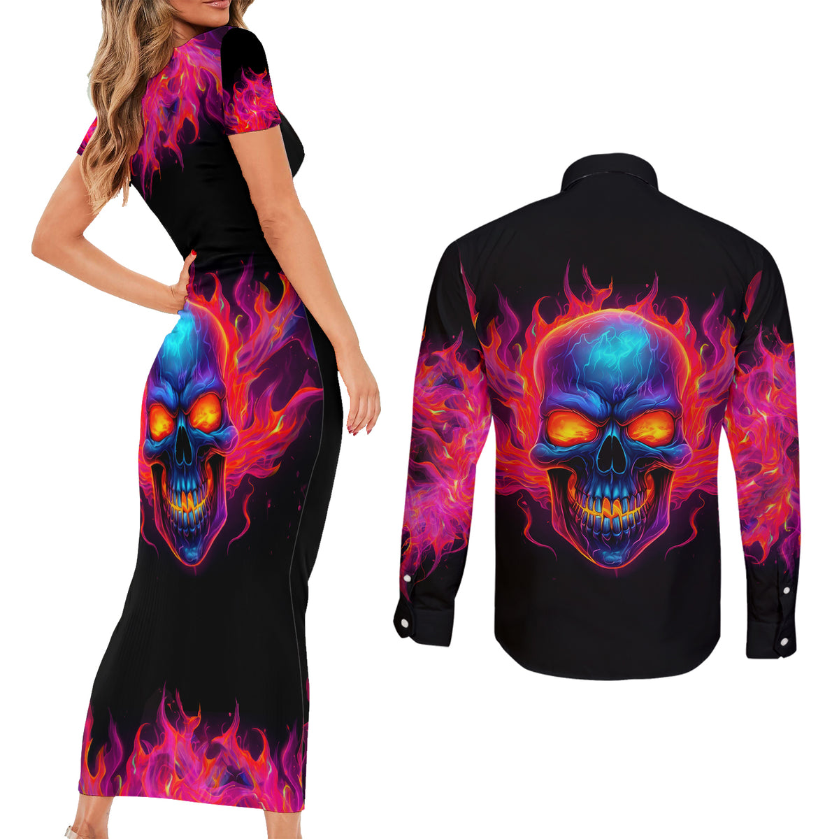 Skull Couples Matching Short Sleeve Bodycon Dress and Long Sleeve Button Shirts Purple Skull Fire - Wonder Print Shop