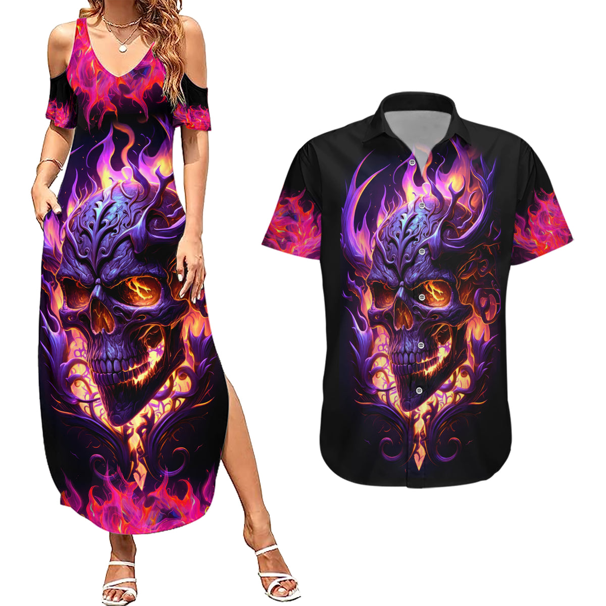 Skull Couples Matching Summer Maxi Dress and Hawaiian Shirt Purple Skull Fire - Wonder Print Shop