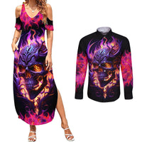 Skull Couples Matching Summer Maxi Dress and Long Sleeve Button Shirts Purple Skull Fire - Wonder Print Shop