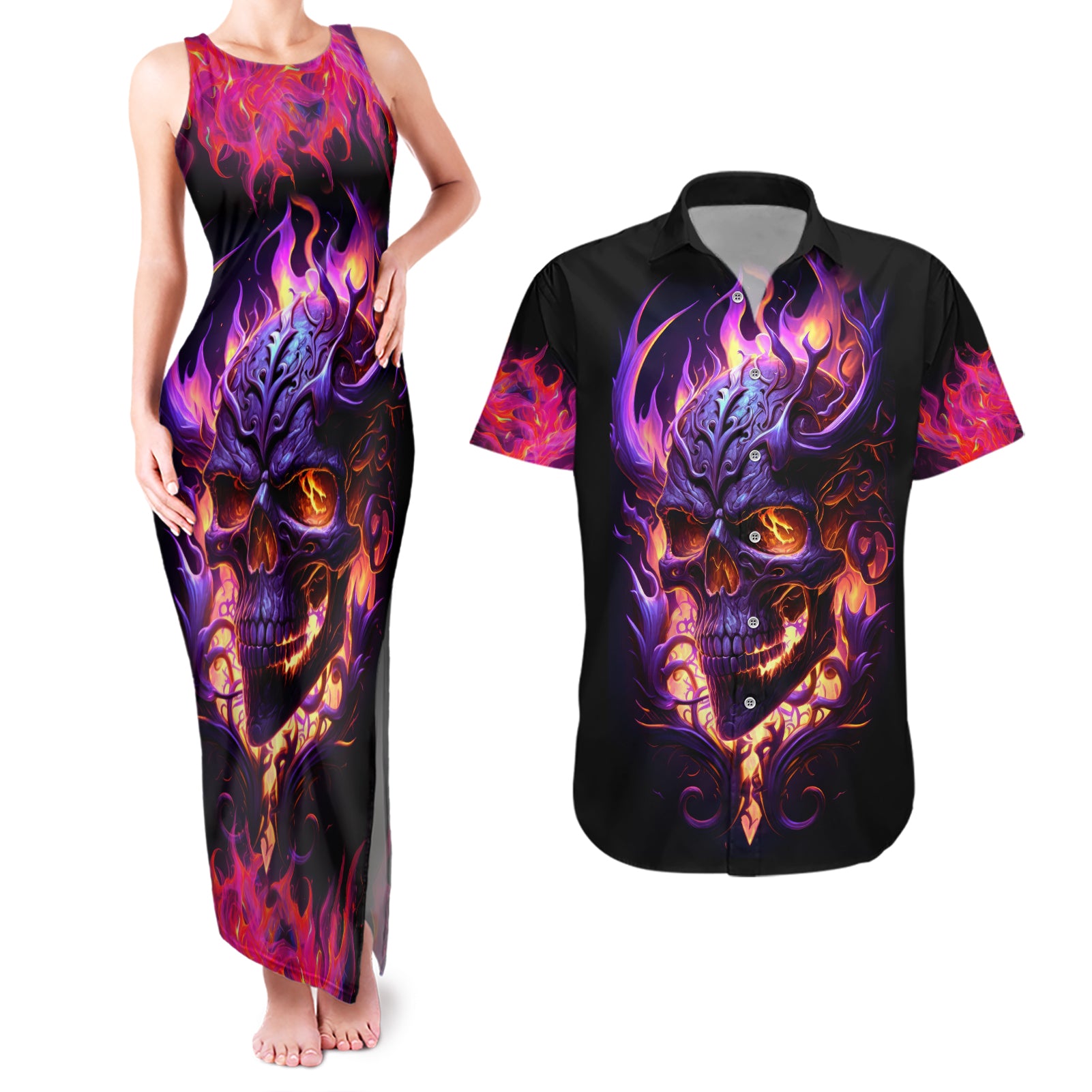 Skull Couples Matching Tank Maxi Dress And Hawaiian Shirt Purple Skull Fire - Wonder Print Shop