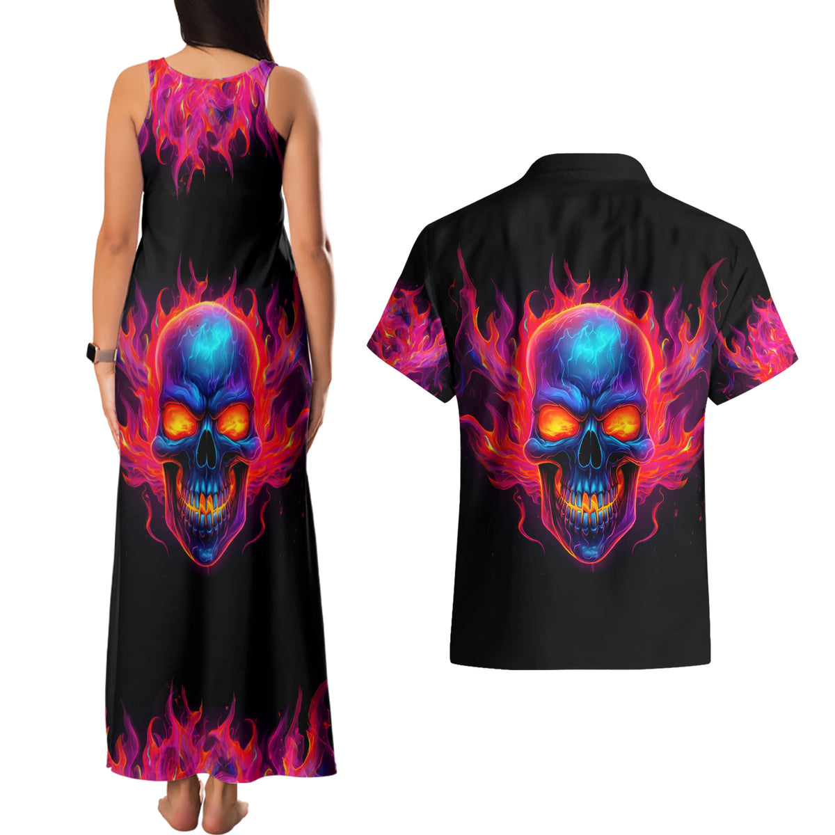 Skull Couples Matching Tank Maxi Dress And Hawaiian Shirt Purple Skull Fire - Wonder Print Shop