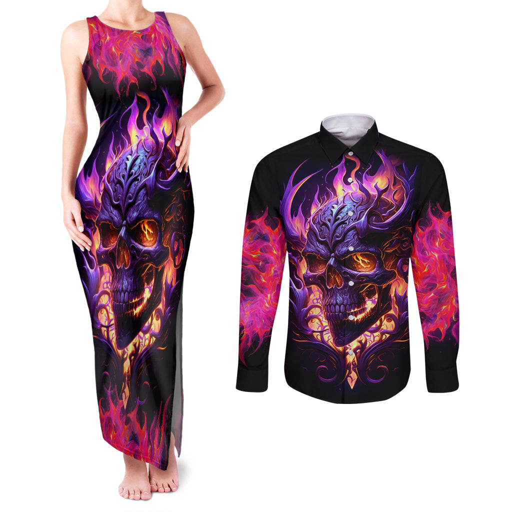 Skull Couples Matching Tank Maxi Dress and Long Sleeve Button Shirts Purple Skull Fire - Wonder Print Shop