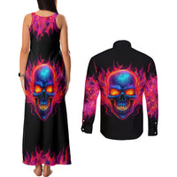Skull Couples Matching Tank Maxi Dress and Long Sleeve Button Shirts Purple Skull Fire - Wonder Print Shop