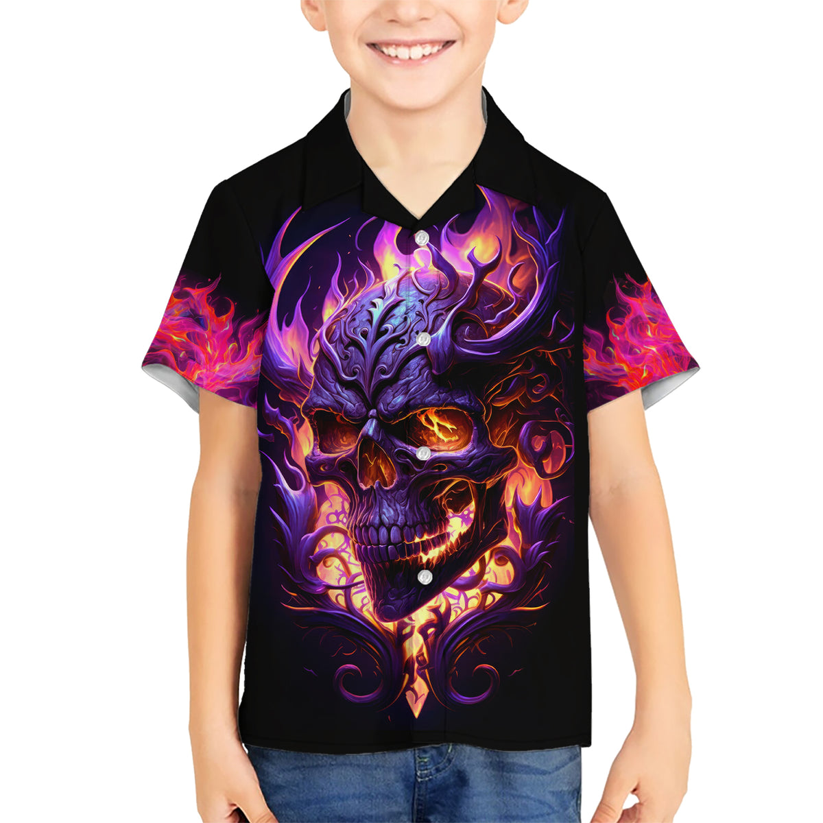 Skull Hawaiian Shirt Purple Skull Fire - Wonder Print Shop