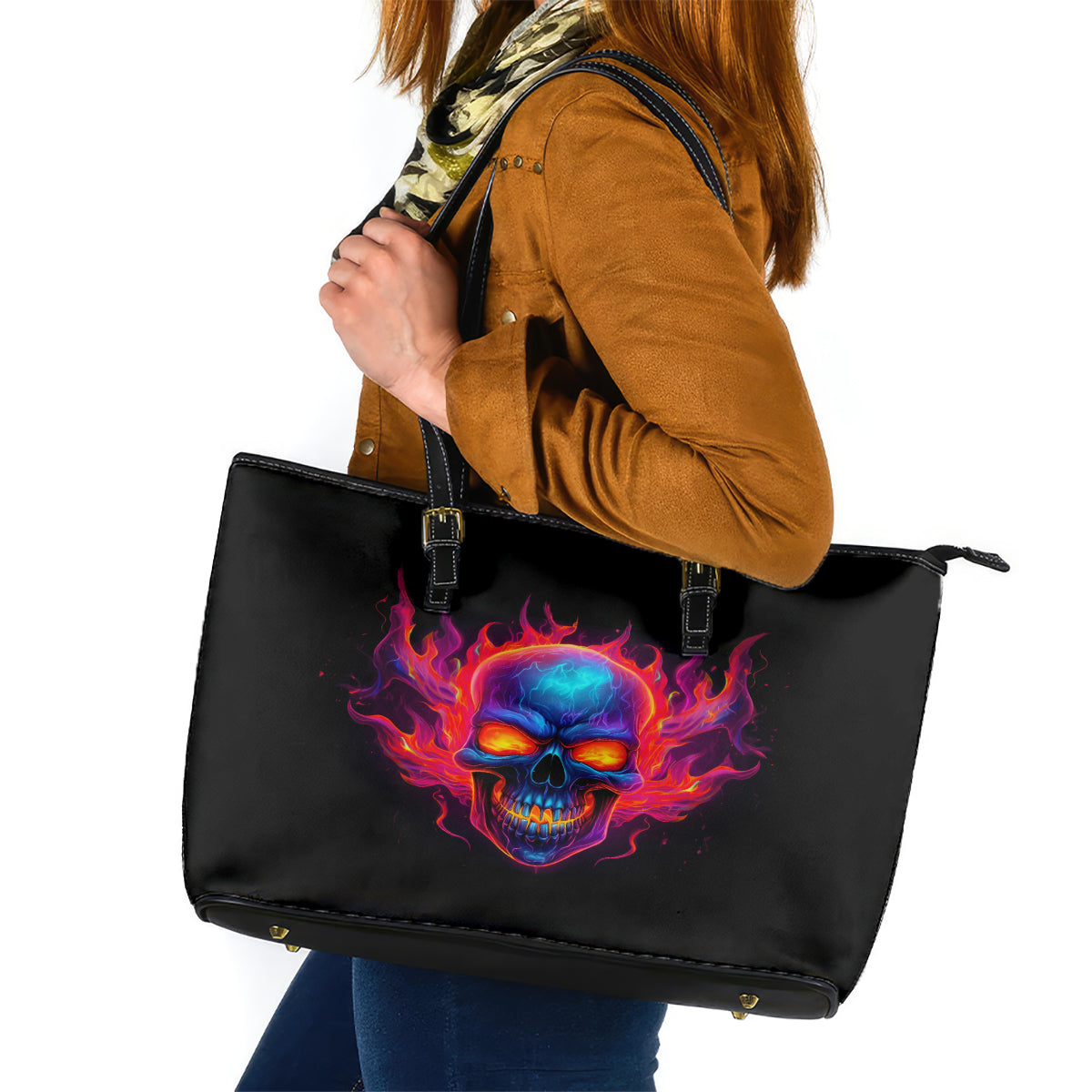Skull Leather Tote Bag Purple Skull Fire - Wonder Print Shop