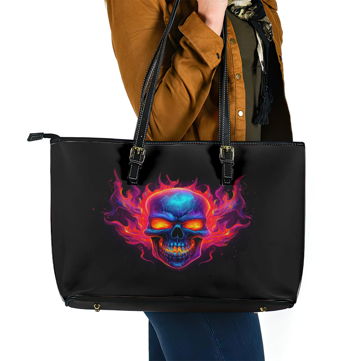 Skull Leather Tote Bag Purple Skull Fire - Wonder Print Shop