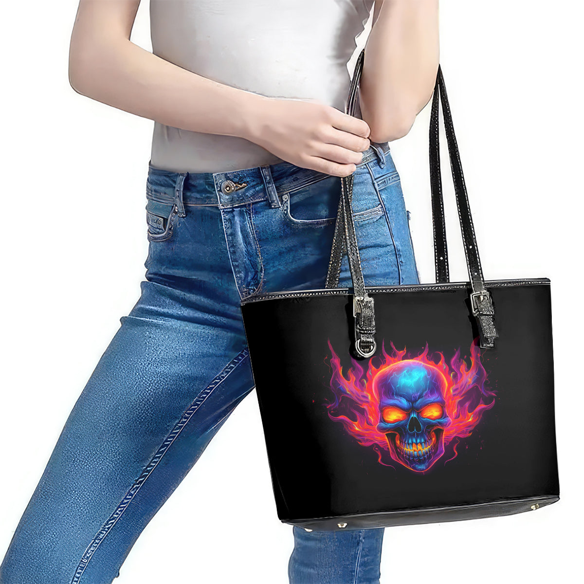 Skull Leather Tote Bag Purple Skull Fire - Wonder Print Shop