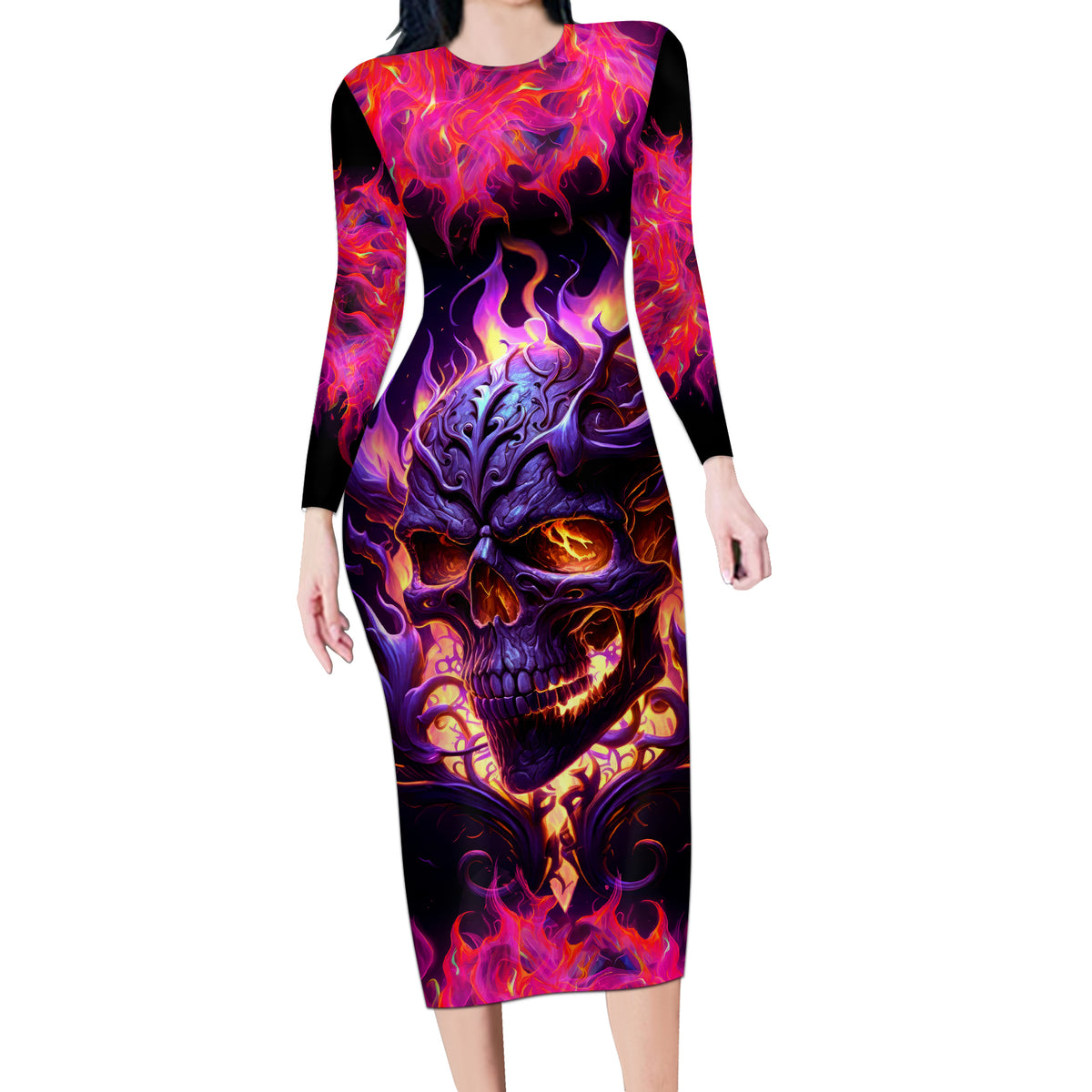 Skull Long Sleeve Bodycon Dress Purple Skull Fire - Wonder Print Shop