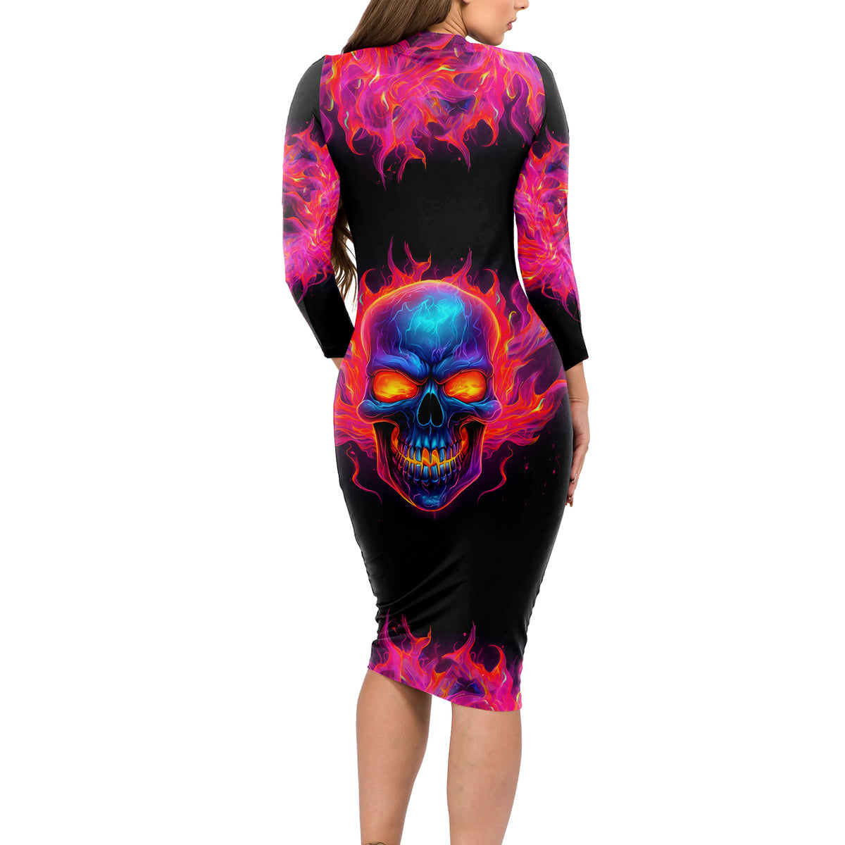 Skull Long Sleeve Bodycon Dress Purple Skull Fire - Wonder Print Shop