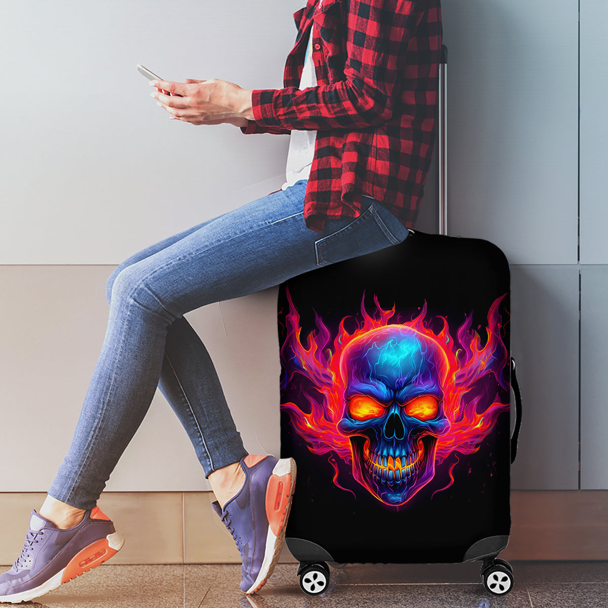 Skull Luggage Cover Purple Skull Fire - Wonder Print Shop