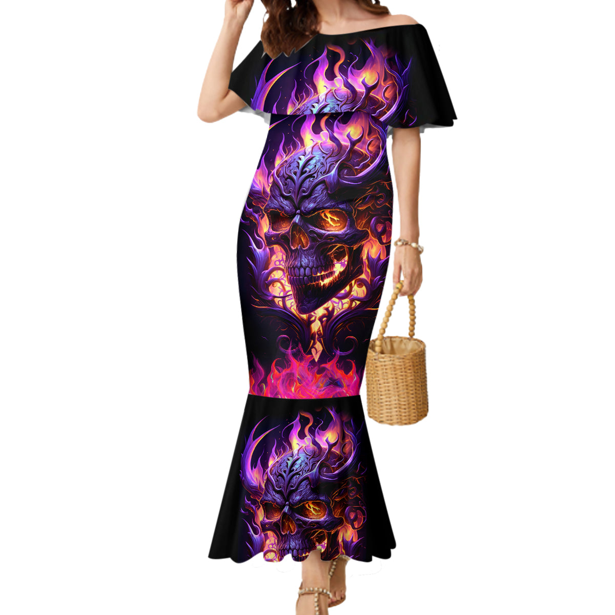 Skull Mermaid Dress Purple Skull Fire - Wonder Print Shop