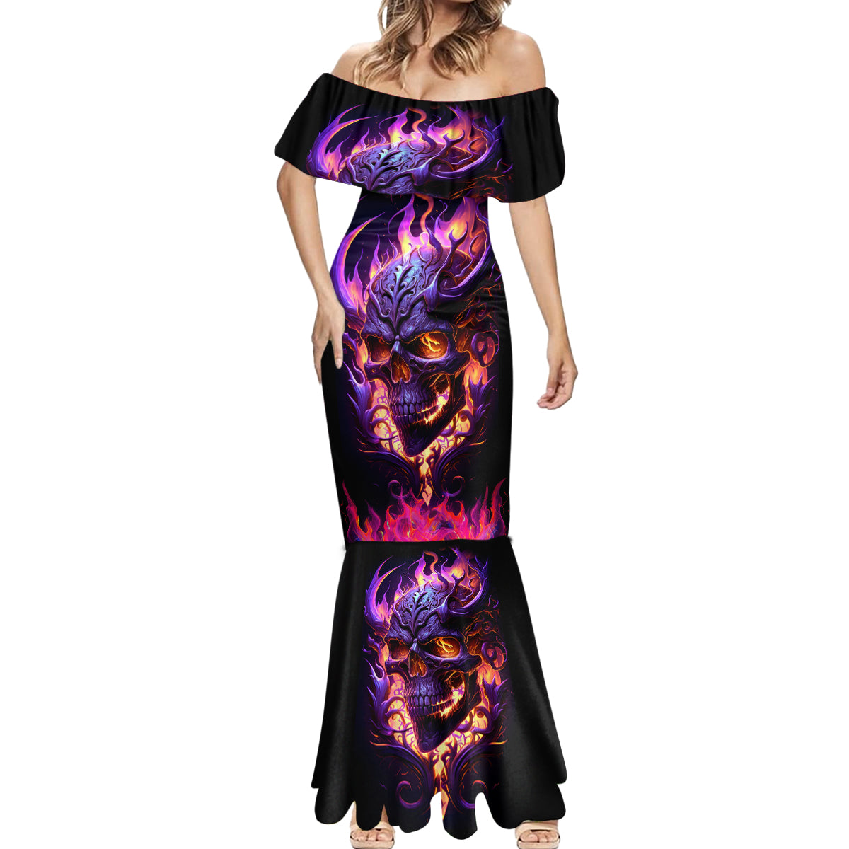 Skull Mermaid Dress Purple Skull Fire - Wonder Print Shop