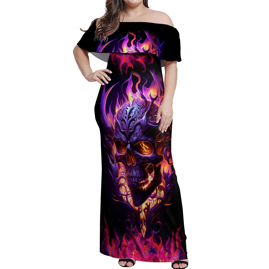 Skull Off Shoulder Maxi Dress Purple Skull Fire - Wonder Print Shop