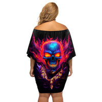 Skull Off Shoulder Short Dress Purple Skull Fire - Wonder Print Shop