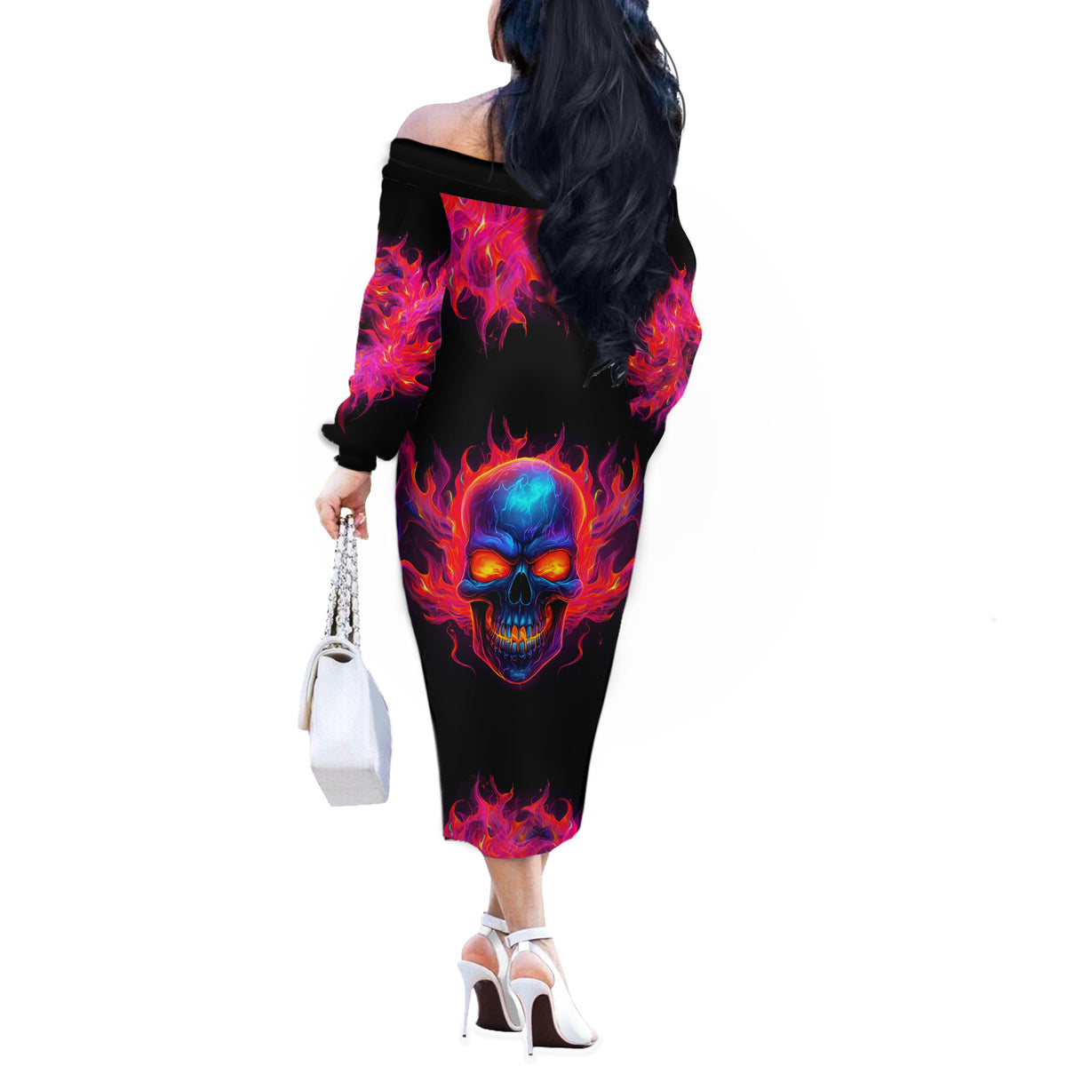 Skull Off The Shoulder Long Sleeve Dress Purple Skull Fire - Wonder Print Shop