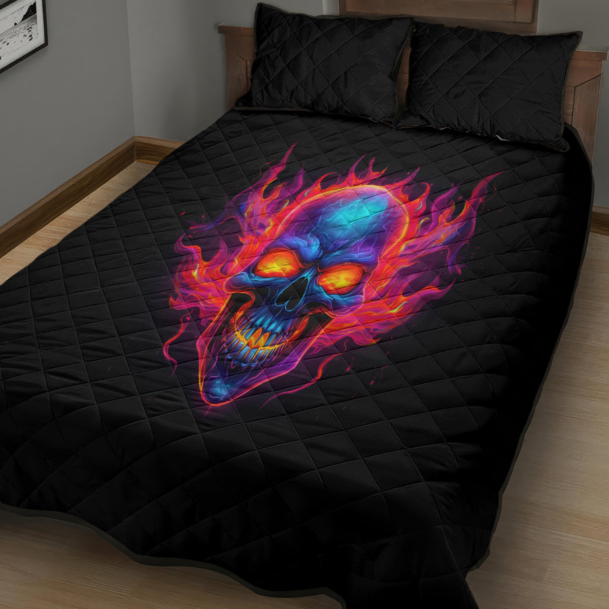 Skull Quilt Bed Set Purple Skull Fire - Wonder Print Shop
