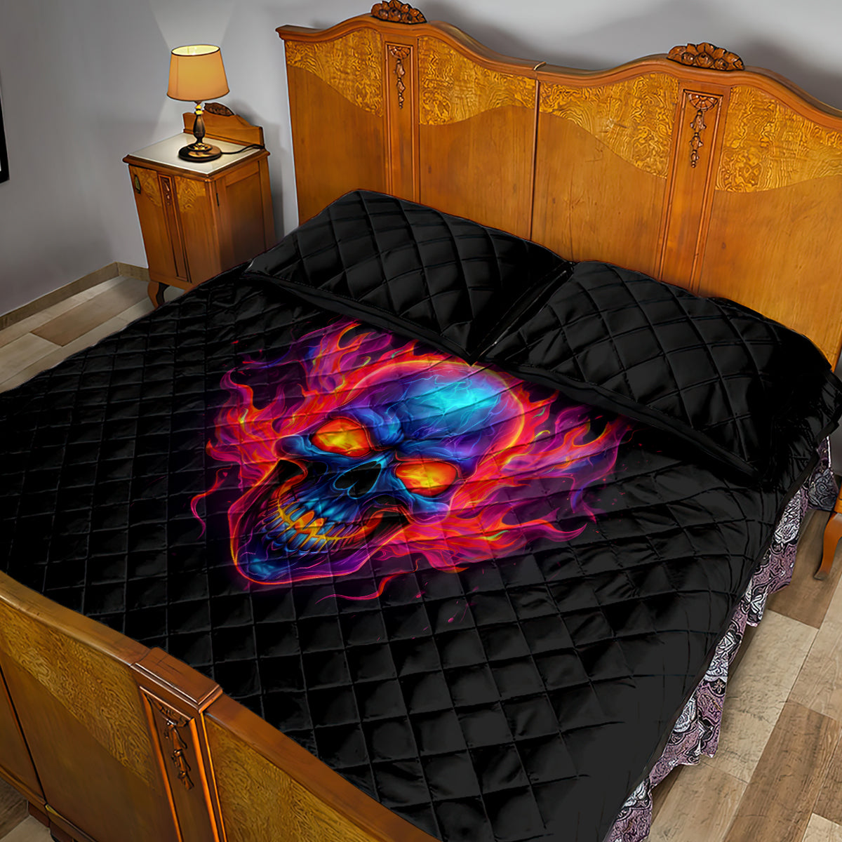 Skull Quilt Bed Set Purple Skull Fire - Wonder Print Shop