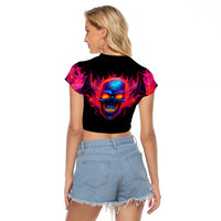 Skull Raglan Cropped T Shirt Purple Skull Fire - Wonder Print Shop