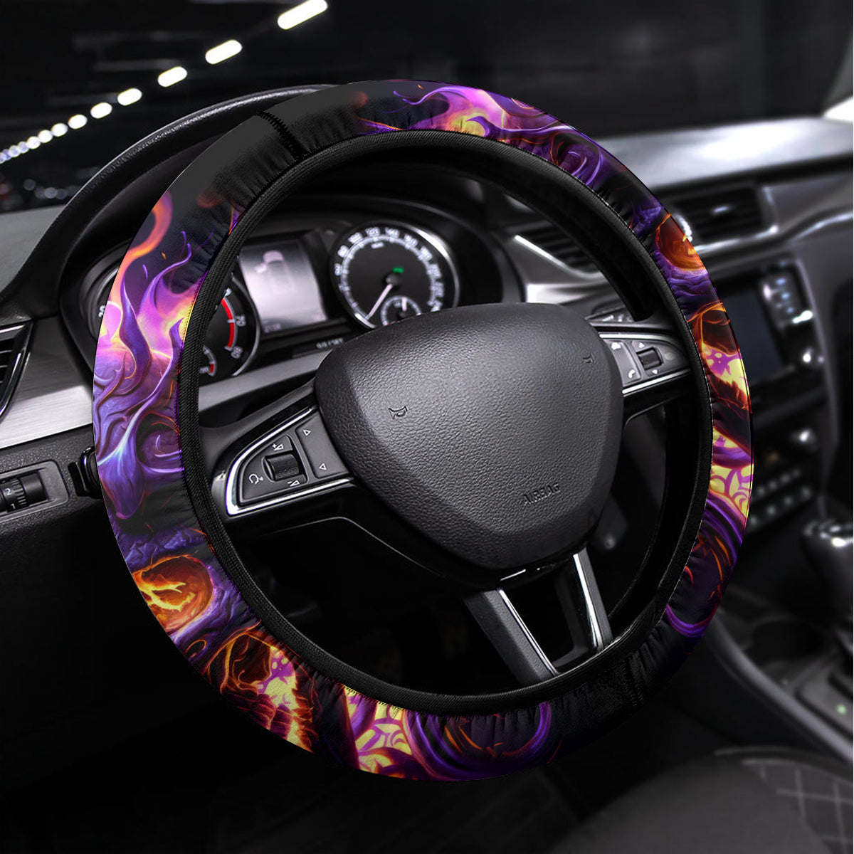 Skull Steering Wheel Cover Purple Skull Fire - Wonder Print Shop