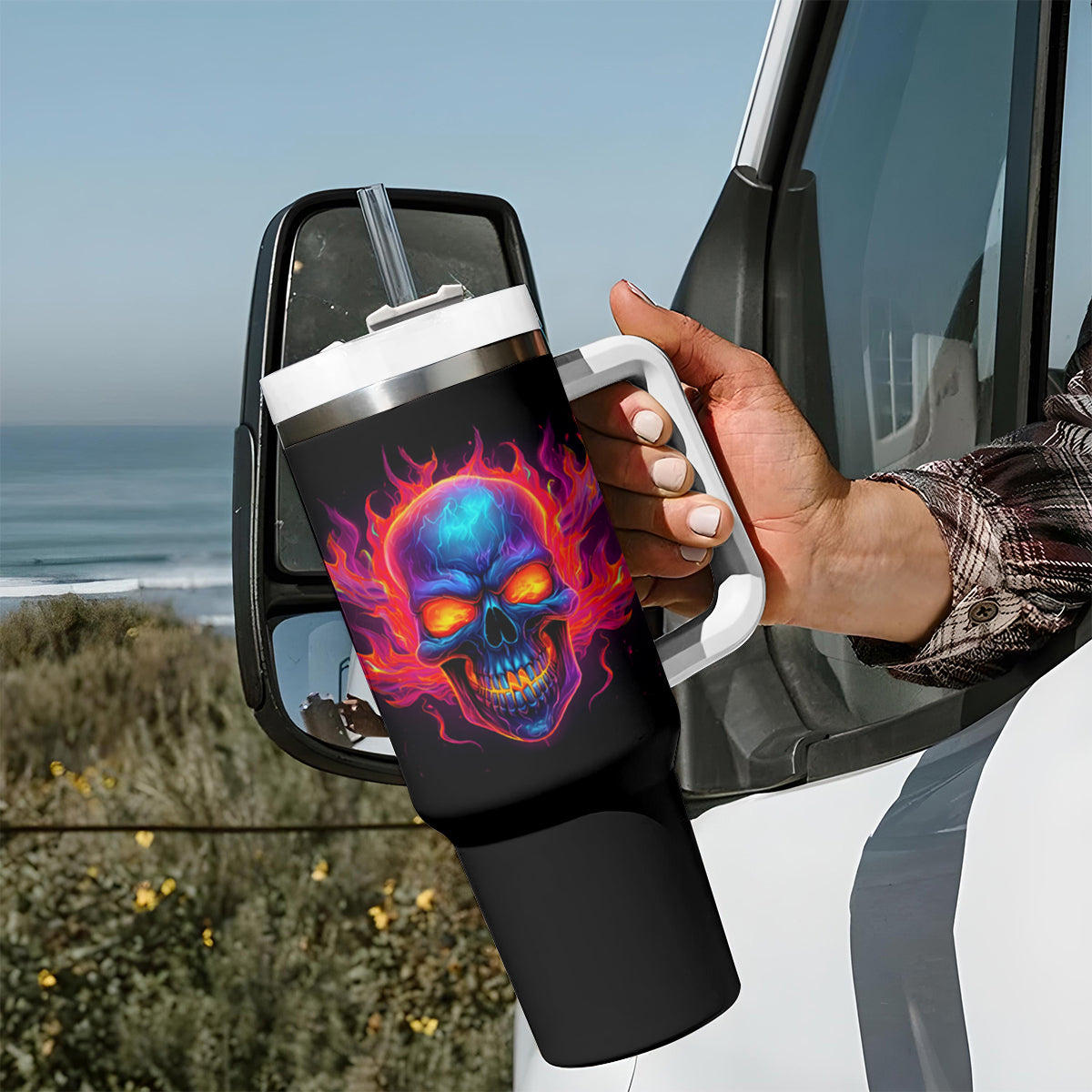Skull Tumbler With Handle Purple Skull Fire - Wonder Print Shop