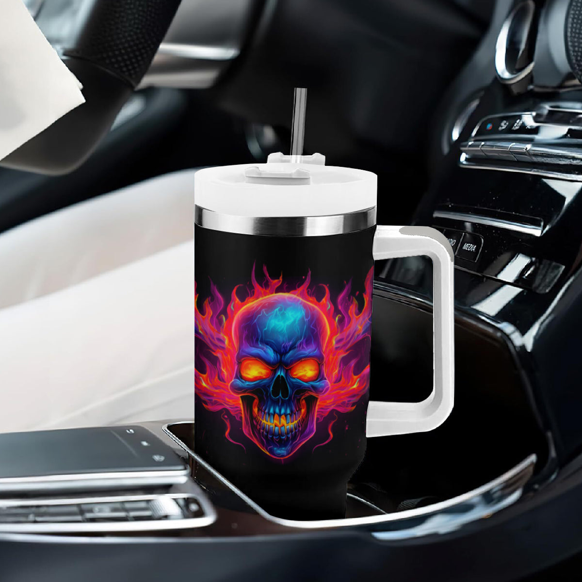 Skull Tumbler With Handle Purple Skull Fire - Wonder Print Shop