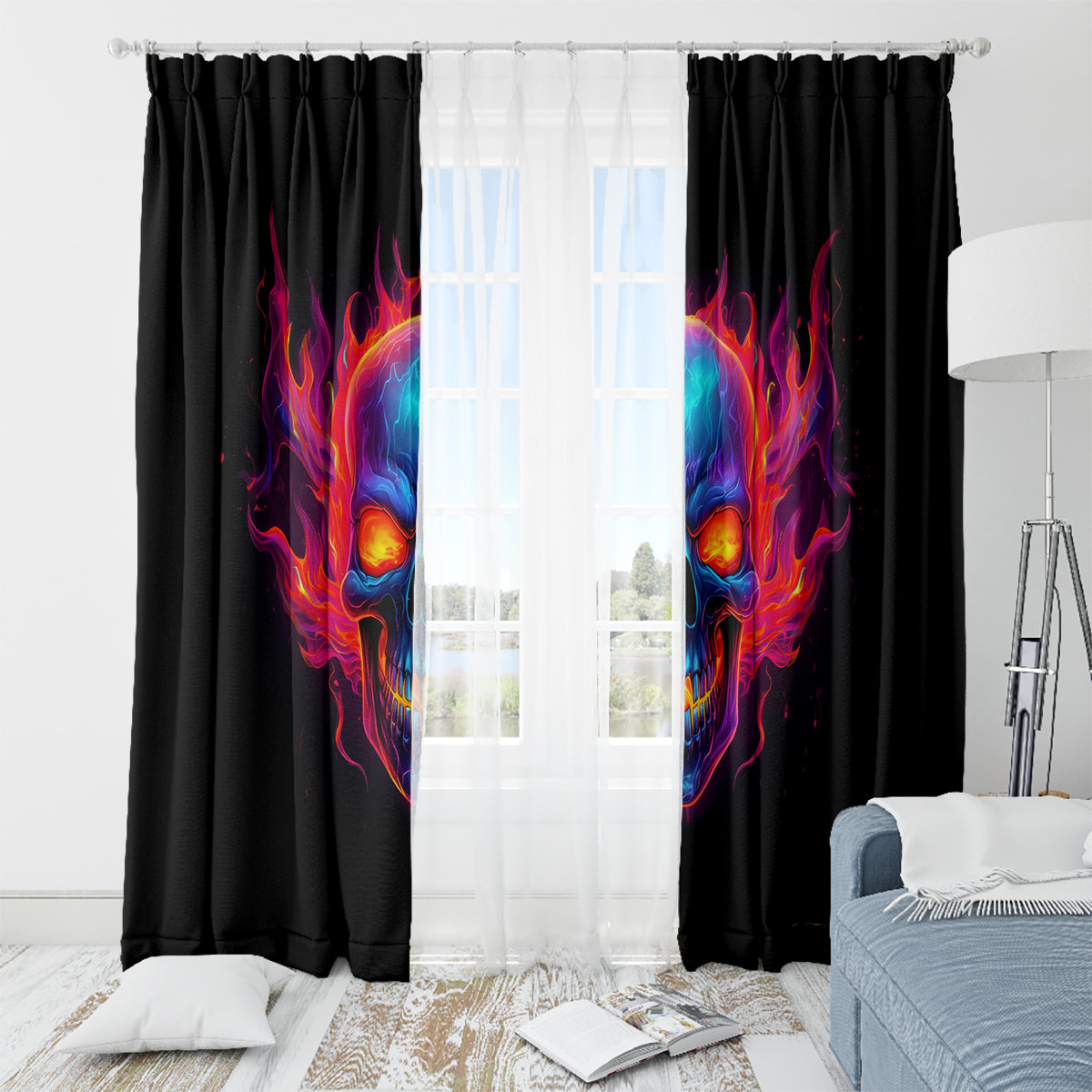 Skull Window Curtain Purple Skull Fire - Wonder Print Shop