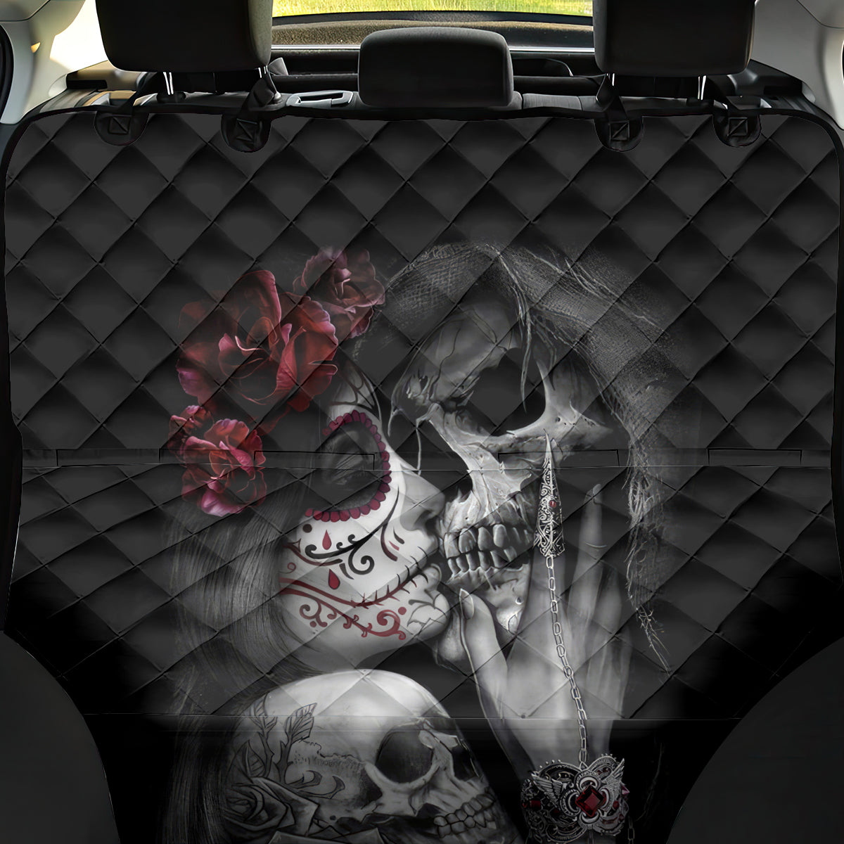 Skull Back Car Seat Cover Death Angel And Da de Muertos Girl - Wonder Print Shop