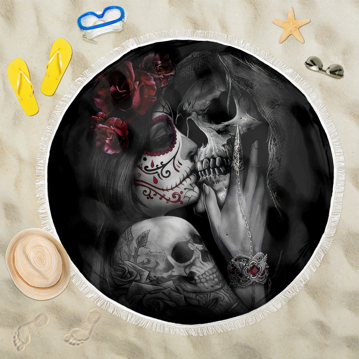 Skull Beach Blanket Death Angel And Da de Muertos Girl - Wonder Print Shop