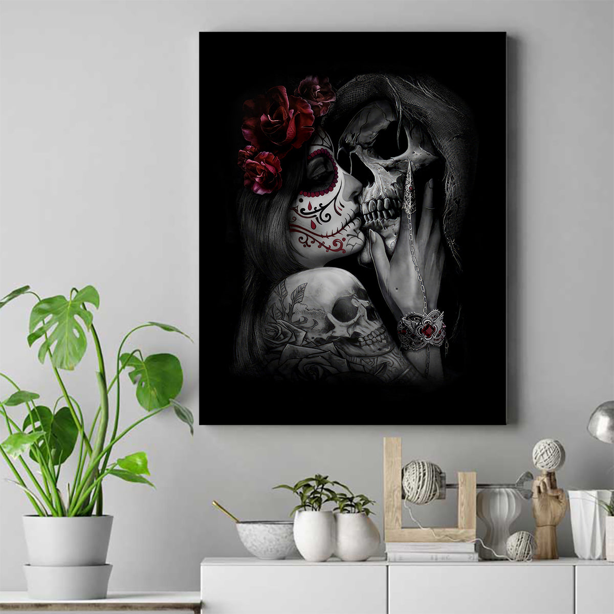 Skull Canvas Wall Art Death Angel And Da de Muertos Girl - Wonder Print Shop