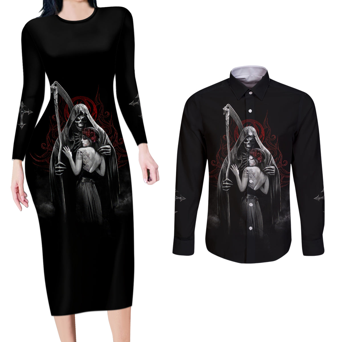 Skull Couples Matching Long Sleeve Bodycon Dress and Long Sleeve Button Shirts Death Angel And Da de Muertos Girl - Wonder Print Shop