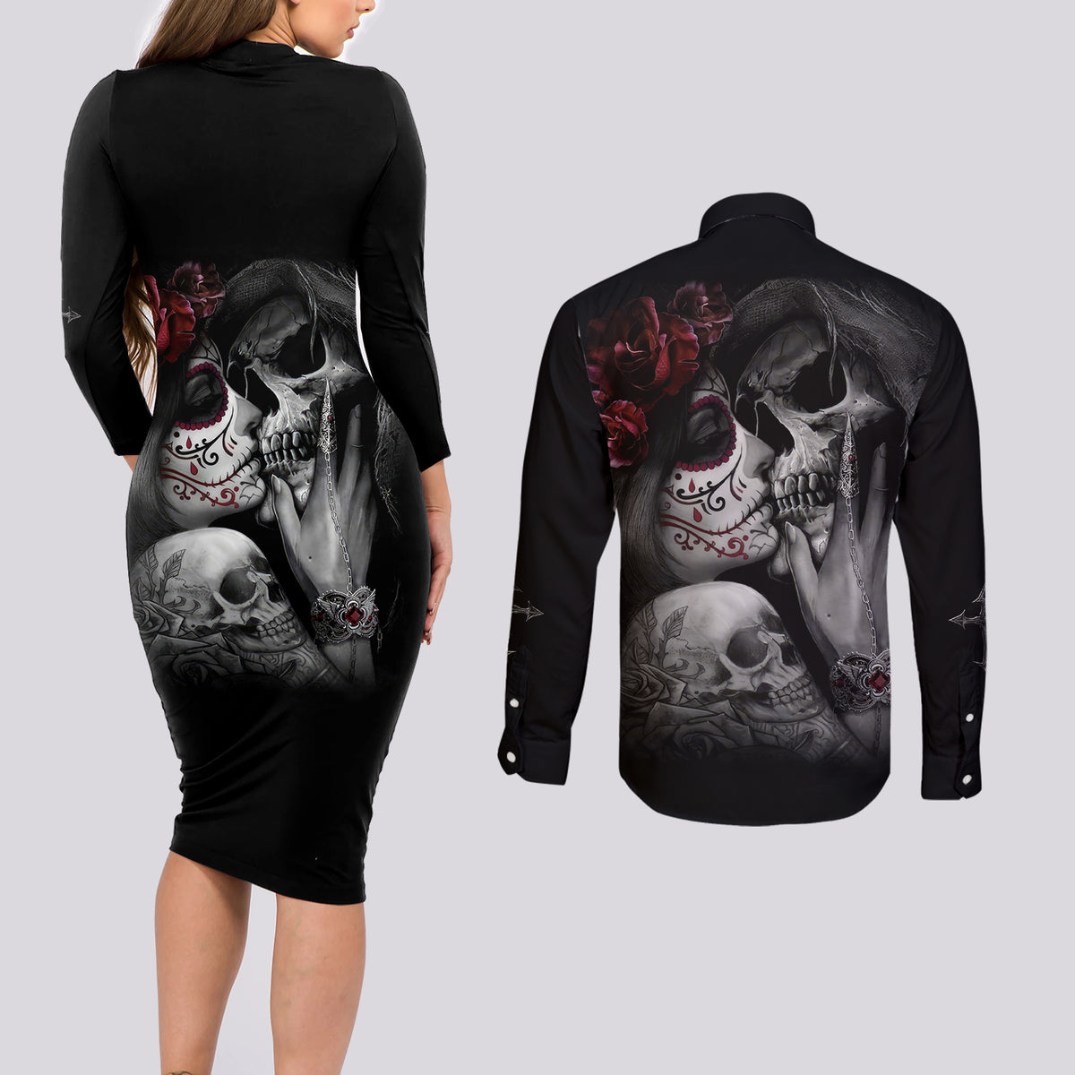 Skull Couples Matching Long Sleeve Bodycon Dress and Long Sleeve Button Shirts Death Angel And Da de Muertos Girl - Wonder Print Shop