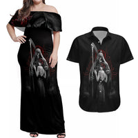 Skull Couples Matching Off Shoulder Maxi Dress and Hawaiian Shirt Death Angel And Da de Muertos Girl - Wonder Print Shop