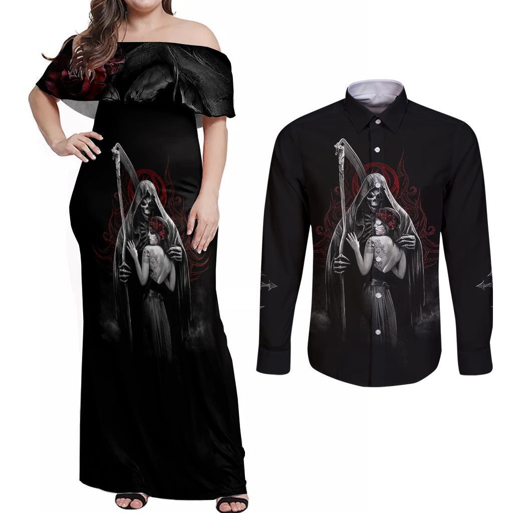 Skull Couples Matching Off Shoulder Maxi Dress and Long Sleeve Button Shirts Death Angel And Da de Muertos Girl - Wonder Print Shop