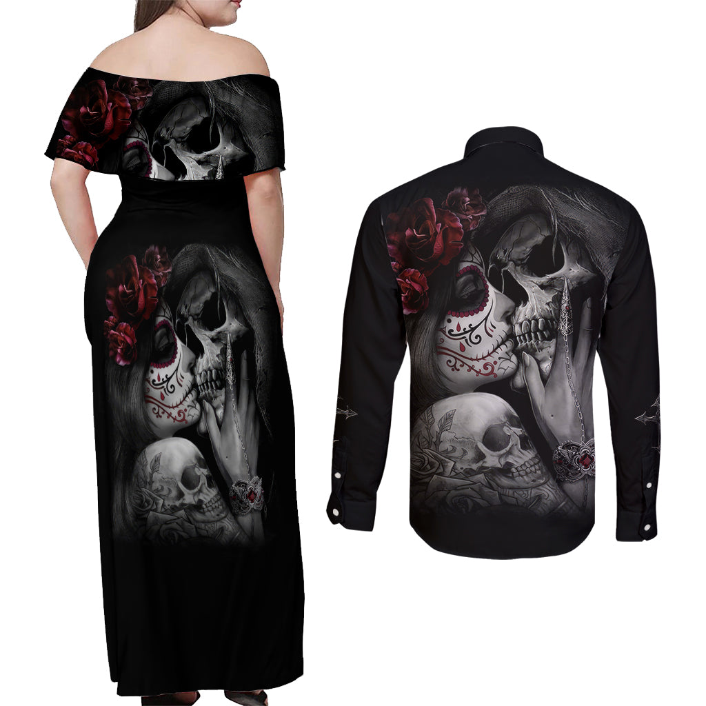 Skull Couples Matching Off Shoulder Maxi Dress and Long Sleeve Button Shirts Death Angel And Da de Muertos Girl - Wonder Print Shop