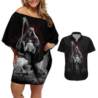 Skull Couples Matching Off Shoulder Short Dress and Hawaiian Shirt Death Angel And Da de Muertos Girl - Wonder Print Shop