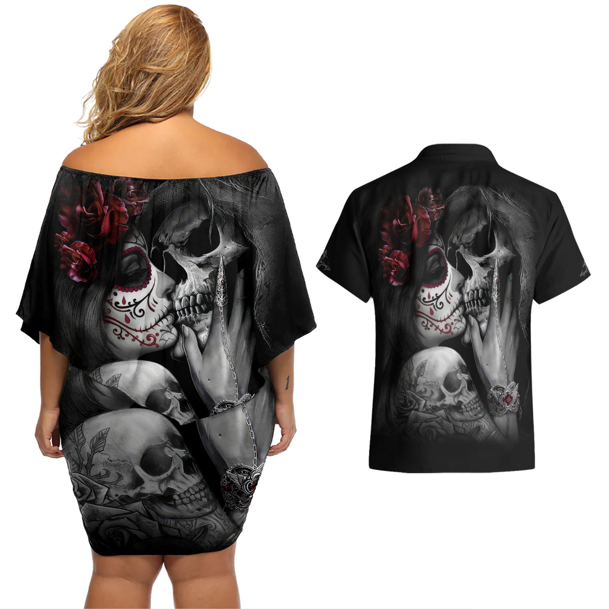 Skull Couples Matching Off Shoulder Short Dress and Hawaiian Shirt Death Angel And Da de Muertos Girl - Wonder Print Shop