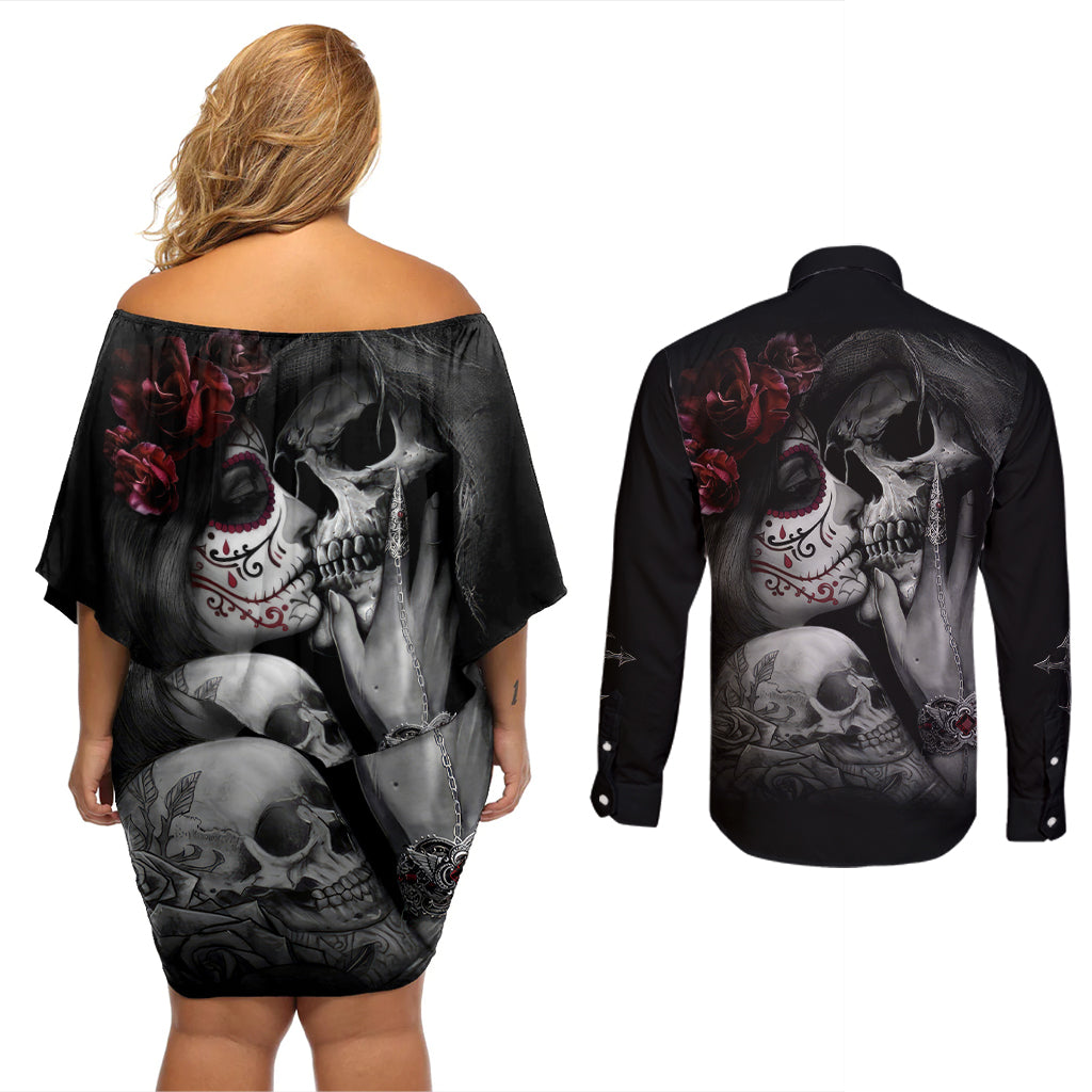 Skull Couples Matching Off Shoulder Short Dress and Long Sleeve Button Shirts Death Angel And Da de Muertos Girl - Wonder Print Shop