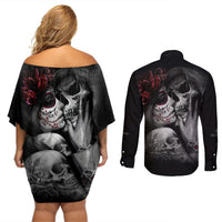 Skull Couples Matching Off Shoulder Short Dress and Long Sleeve Button Shirts Death Angel And Da de Muertos Girl - Wonder Print Shop