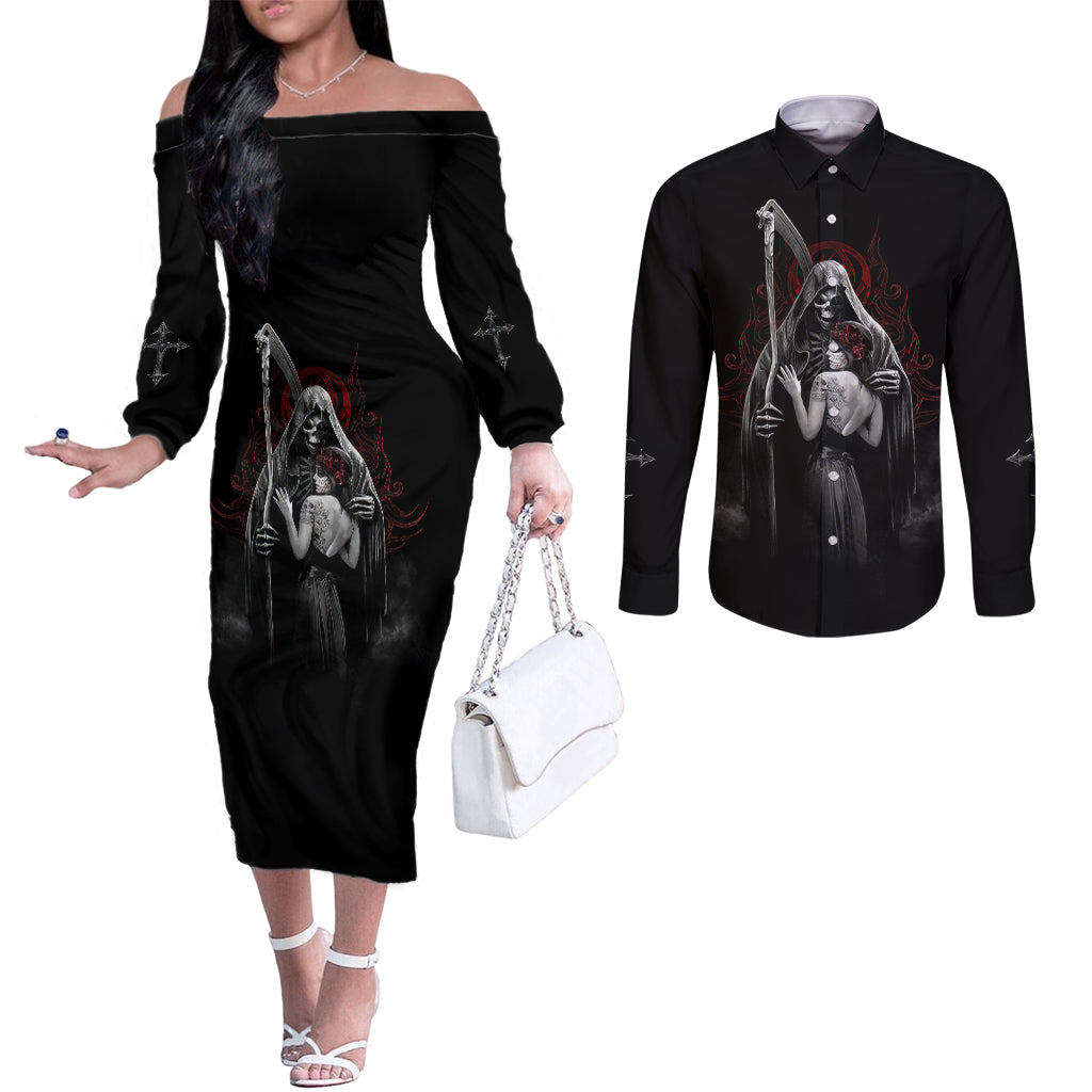 Skull Couples Matching Off The Shoulder Long Sleeve Dress and Long Sleeve Button Shirts Death Angel And Da de Muertos Girl DT01