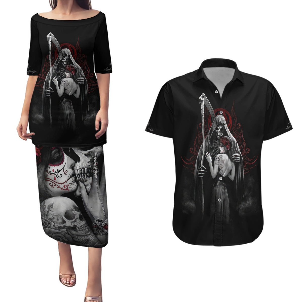 Skull Couples Matching Puletasi Dress and Hawaiian Shirt Death Angel And Da de Muertos Girl - Wonder Print Shop