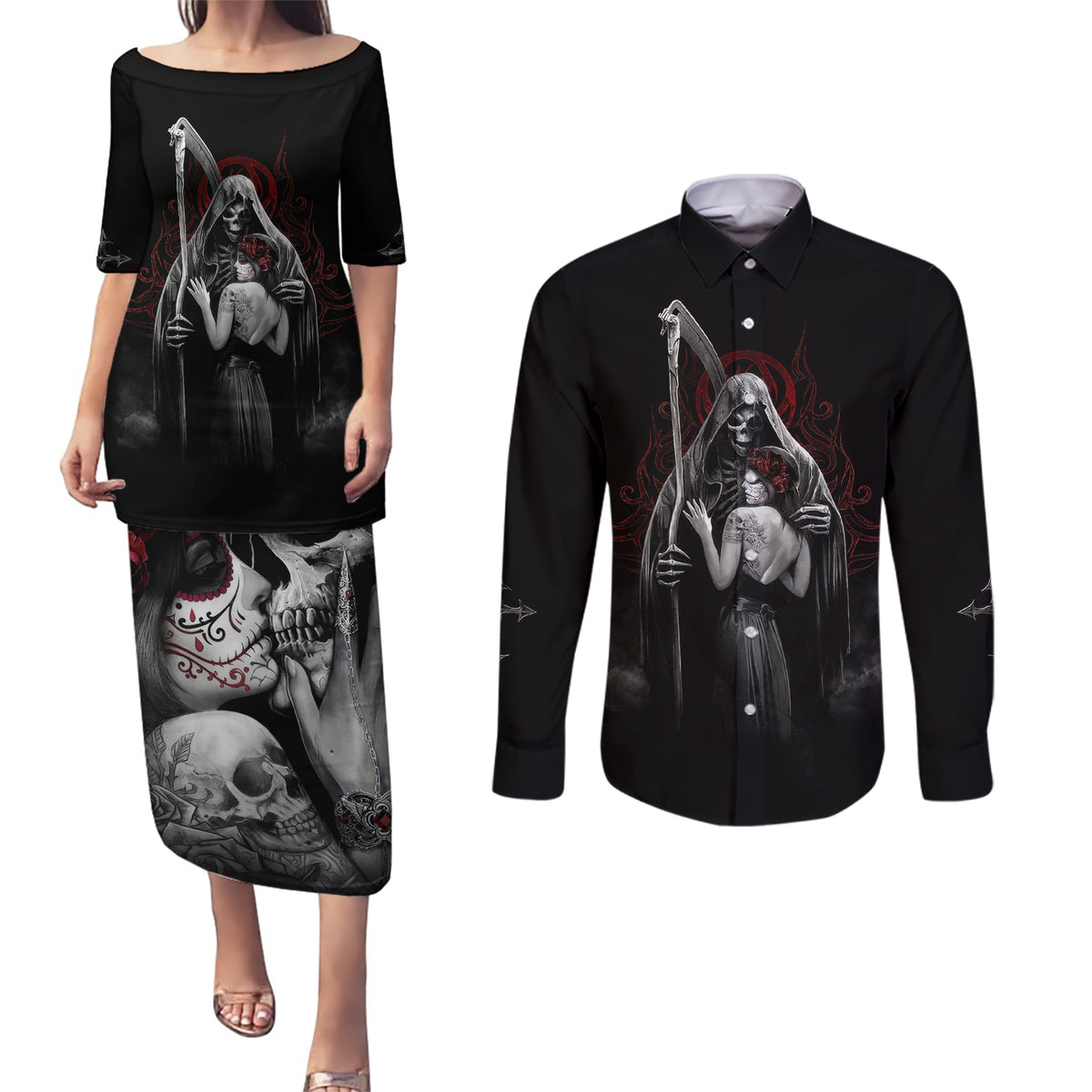 Skull Couples Matching Puletasi Dress and Long Sleeve Button Shirts Death Angel And Da de Muertos Girl - Wonder Print Shop