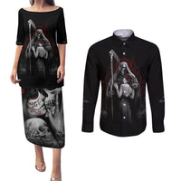 Skull Couples Matching Puletasi Dress and Long Sleeve Button Shirts Death Angel And Da de Muertos Girl - Wonder Print Shop
